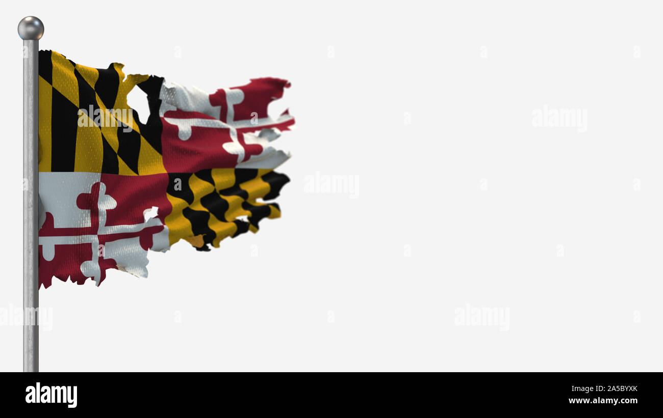 Maryland 3D tattered waving flag illustration on Flagpole. Isolated on ...