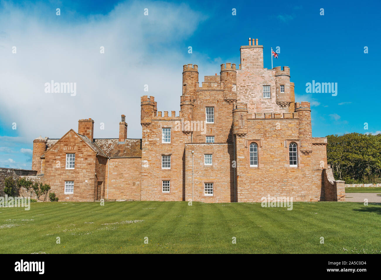 Side view of the Castle of Mey, built in the mid 16th century, bought and restored in the 1950s by Queen Elizabeth The Queen Mother Stock Photo