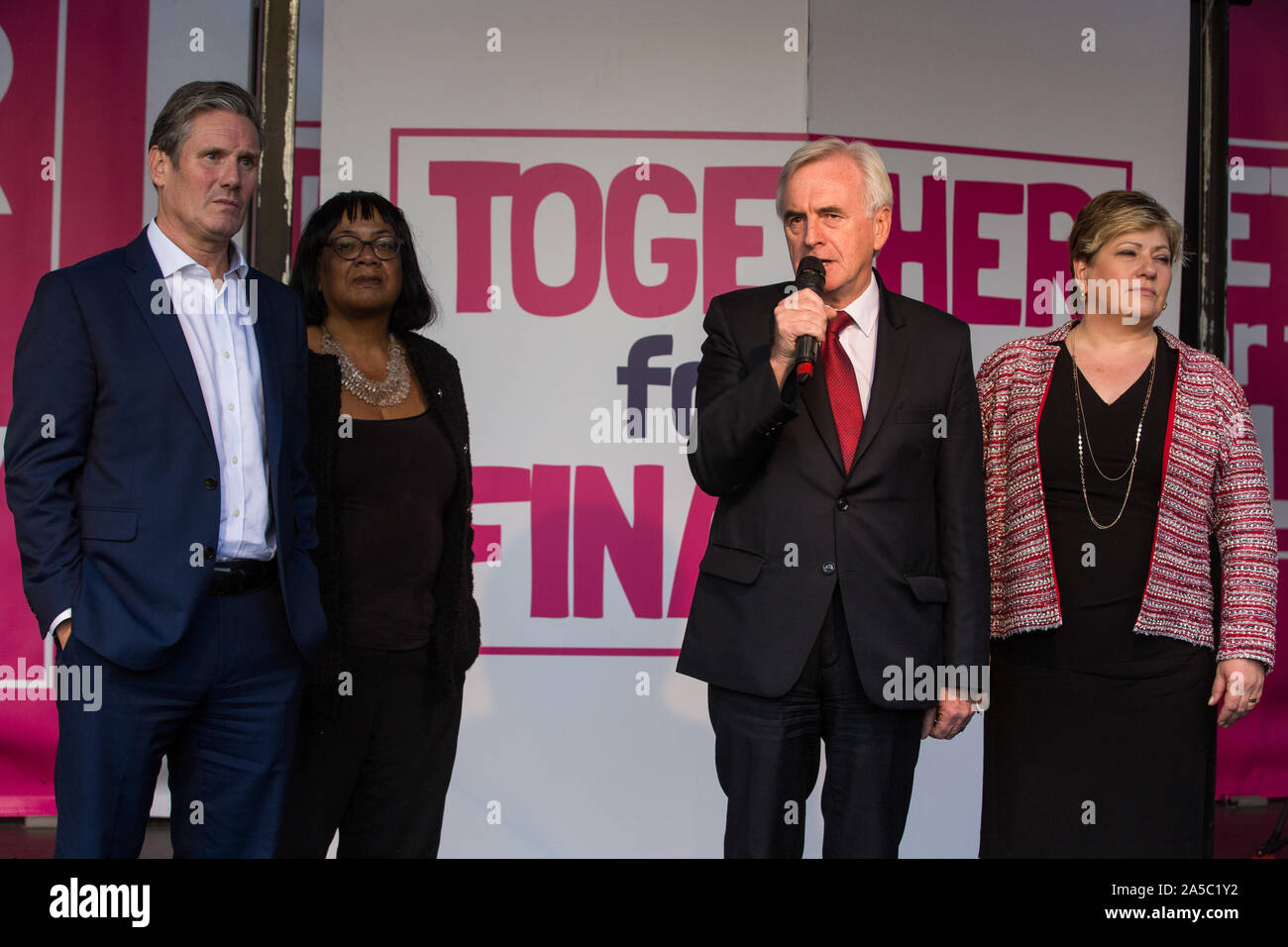 London, UK. 19 October, 2019. John McDonnell, Shadow Chancellor, seen here with Shadow Brexit Secretary Sir Keir Starmer, Shadow Home Secretary Diane Abbott and Shadow Foreign Secretary Emily Thornberry, addresses hundreds of thousands of pro-EU citizens at a Together for the Final Say People’s Vote rally in Parliament Square as MPs meet in a ‘super Saturday’ Commons session, the first such sitting since the Falklands conflict, to vote, subject to the Sir Oliver Letwin amendment, on the Brexit deal negotiated by Prime Minister Boris Johnson with the European Union. Credit: Mark Kerrison/Alamy Stock Photo