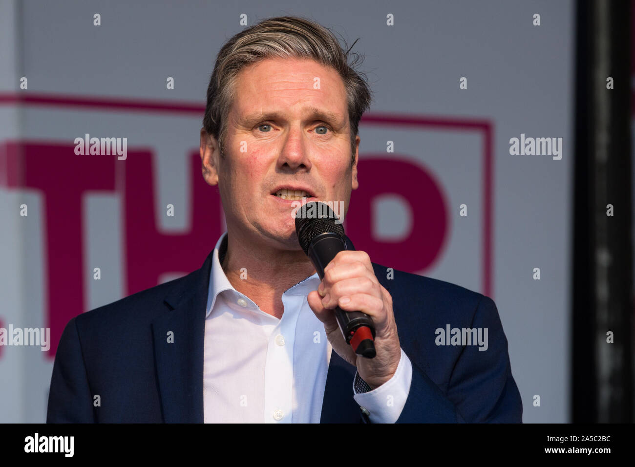 London, UK. 19 October, 2019. Sir Keir Starmer, Shadow Secretary of State for Exiting the European Union, addresses hundreds of thousands of pro-EU citizens at a Together for the Final Say People’s Vote rally in Parliament Square as MPs meet in a ‘super Saturday’ Commons session, the first such sitting since the Falklands conflict, to vote, subject to the Sir Oliver Letwin amendment, on the Brexit deal negotiated by Prime Minister Boris Johnson with the European Union. Credit: Mark Kerrison/Alamy Live News Stock Photo