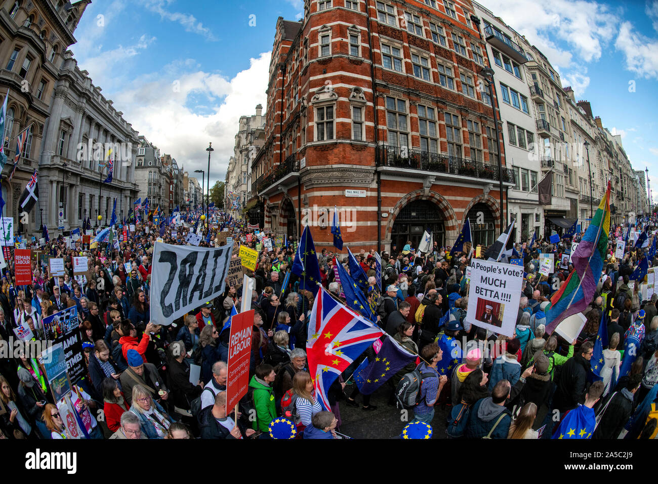 Protesters demanding another Brexit referendum march towards Parliament Square in Central London today. People's Vote March. Stock Photo