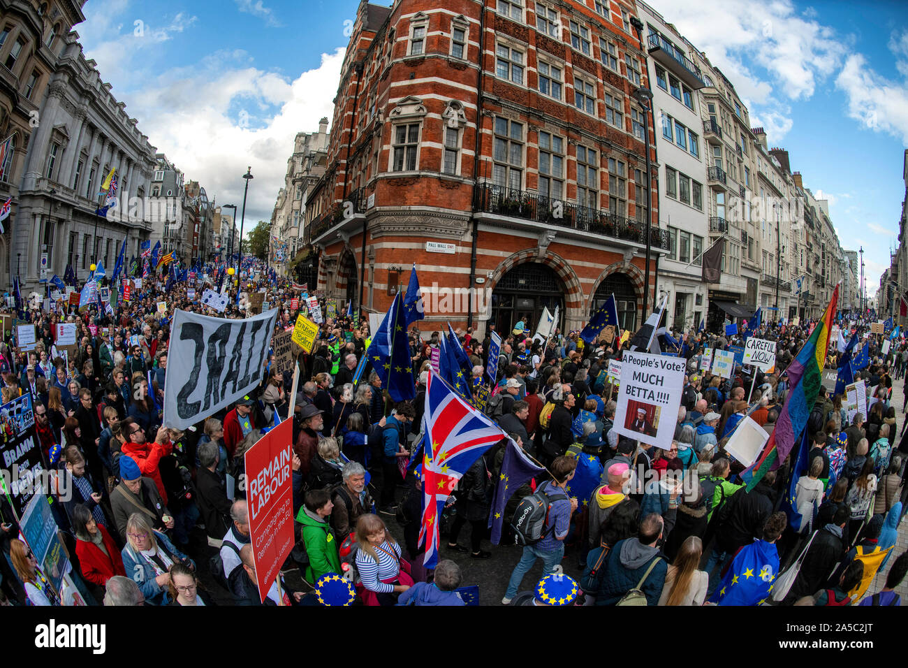 Protesters demanding another Brexit referendum march towards Parliament Square in Central London today. People's Vote March. Stock Photo