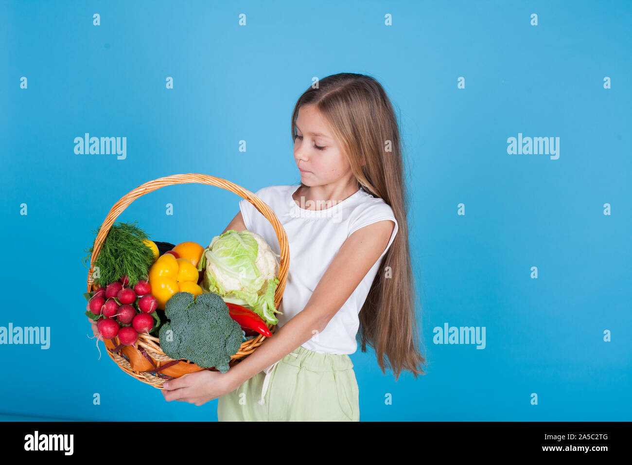 Beautiful little girl holding a basket of ripe vegetables Stock Photo ...