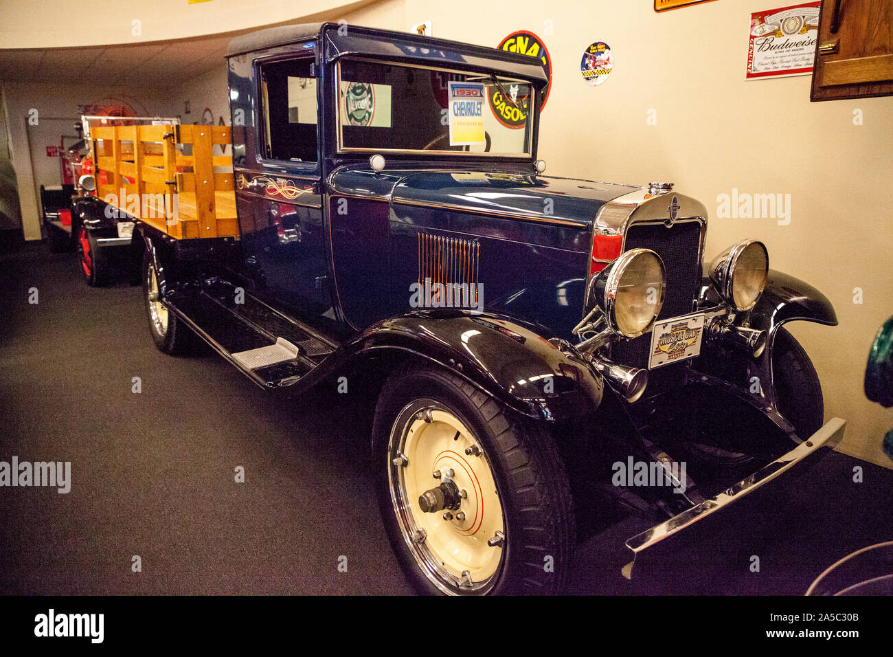 Punta Gorda, Florida, USA – October 13, 2019: Navy Blue truck 1930 Chevrolet displayed at the Muscle Car City museum. Editorial Use Stock Photo