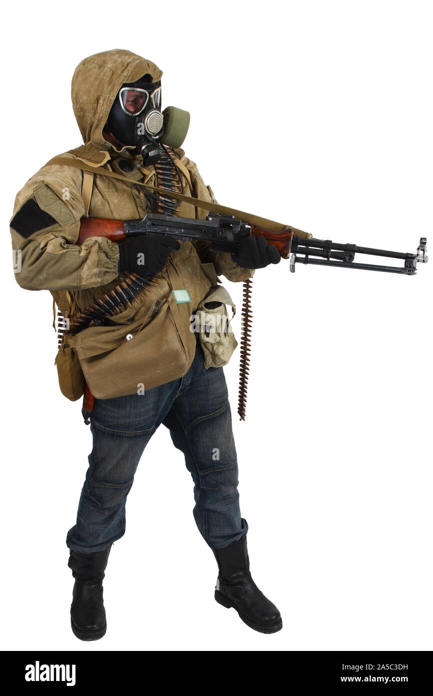 postapocalyptic warrior in gas mask with machine gun isolated on white