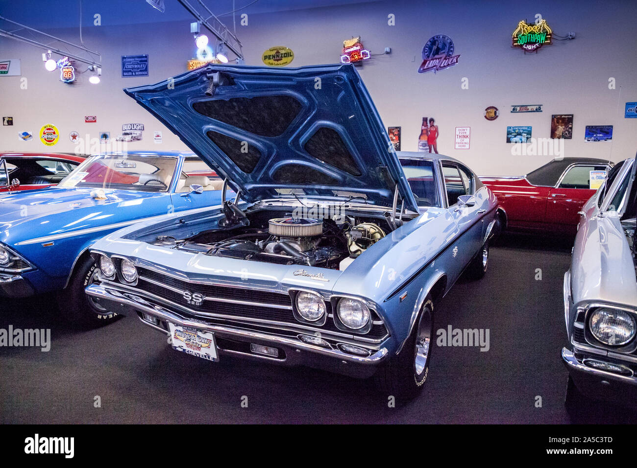 Punta Gorda, Florida, USA – October 13, 2019: Blue 1969 Chevrolet Chevelle SS displayed at the Muscle Car City museum. Editorial Use Stock Photo