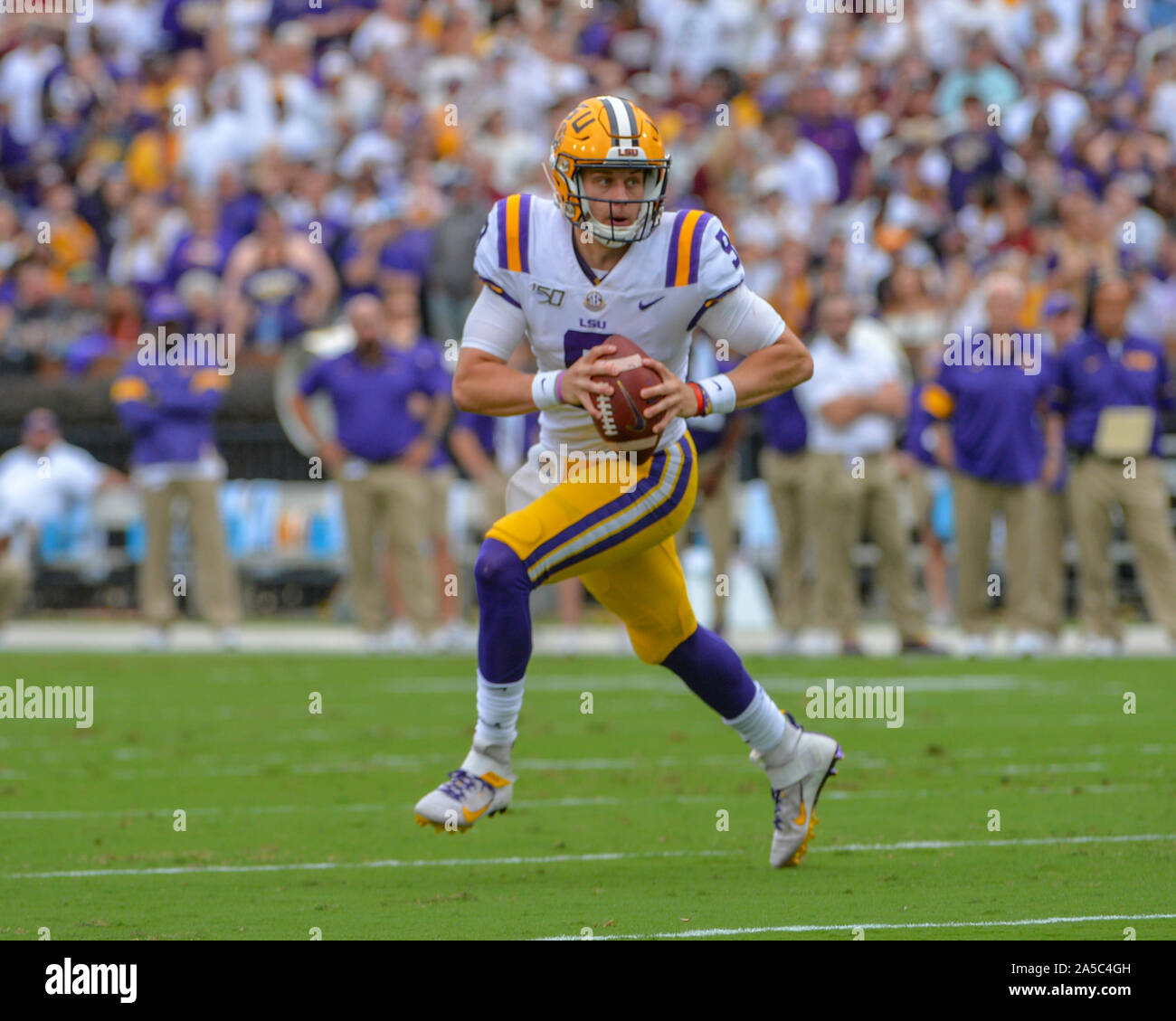 October 19, 2019: LSU wide receiver, Justin Jefferson (2), runs the ball  during the NCAA football game between the LSU Tigers and the Mississippi  State Bulldogs at Davis Wade Stadium in Starkville