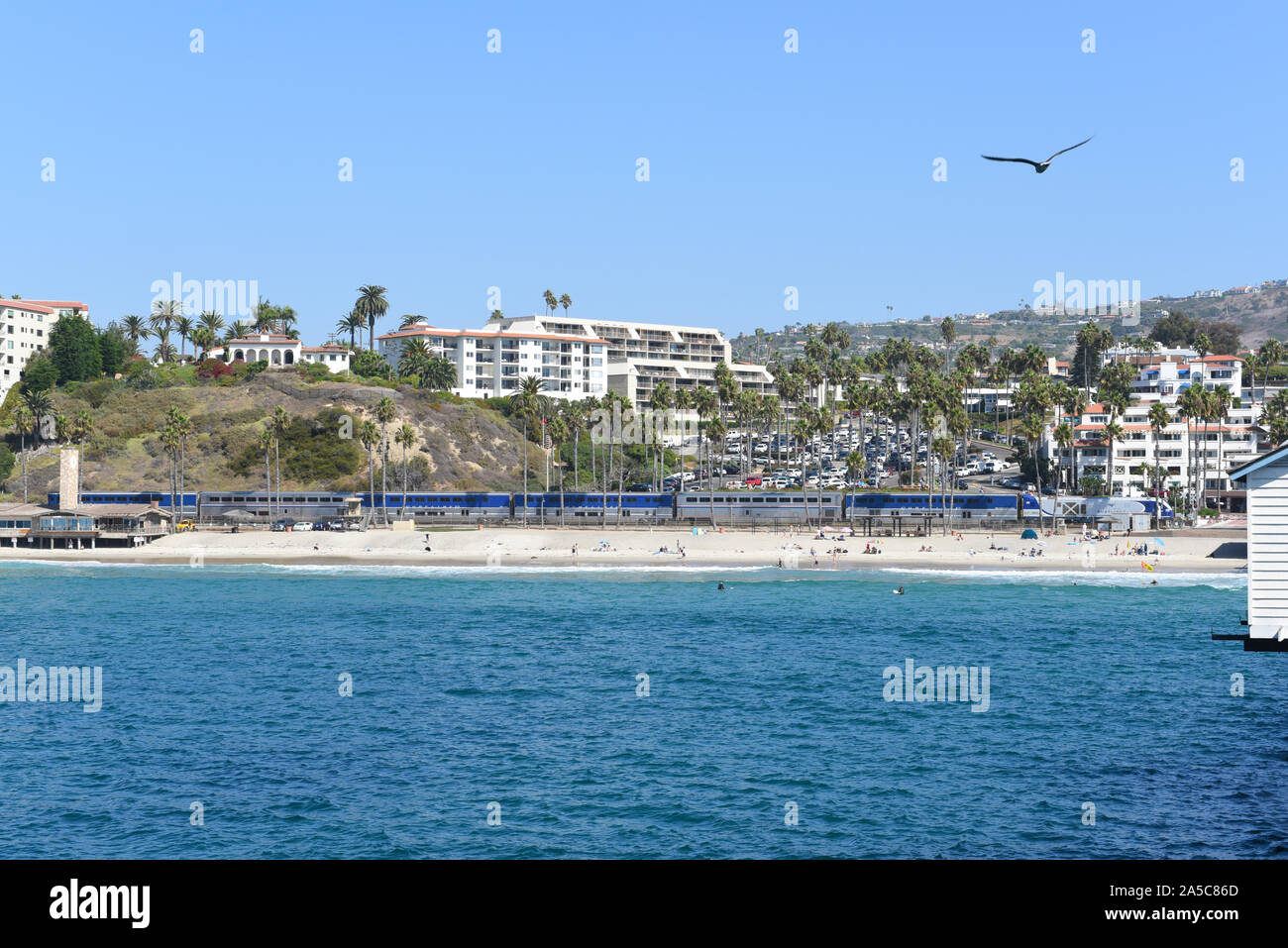 SAN CLEMENTE, CALIFORNIA - 18 OCT 2019: The Pacific Surfliner, a 350 mile passenger train serving the communities between San Diego and San Luis Obisp Stock Photo