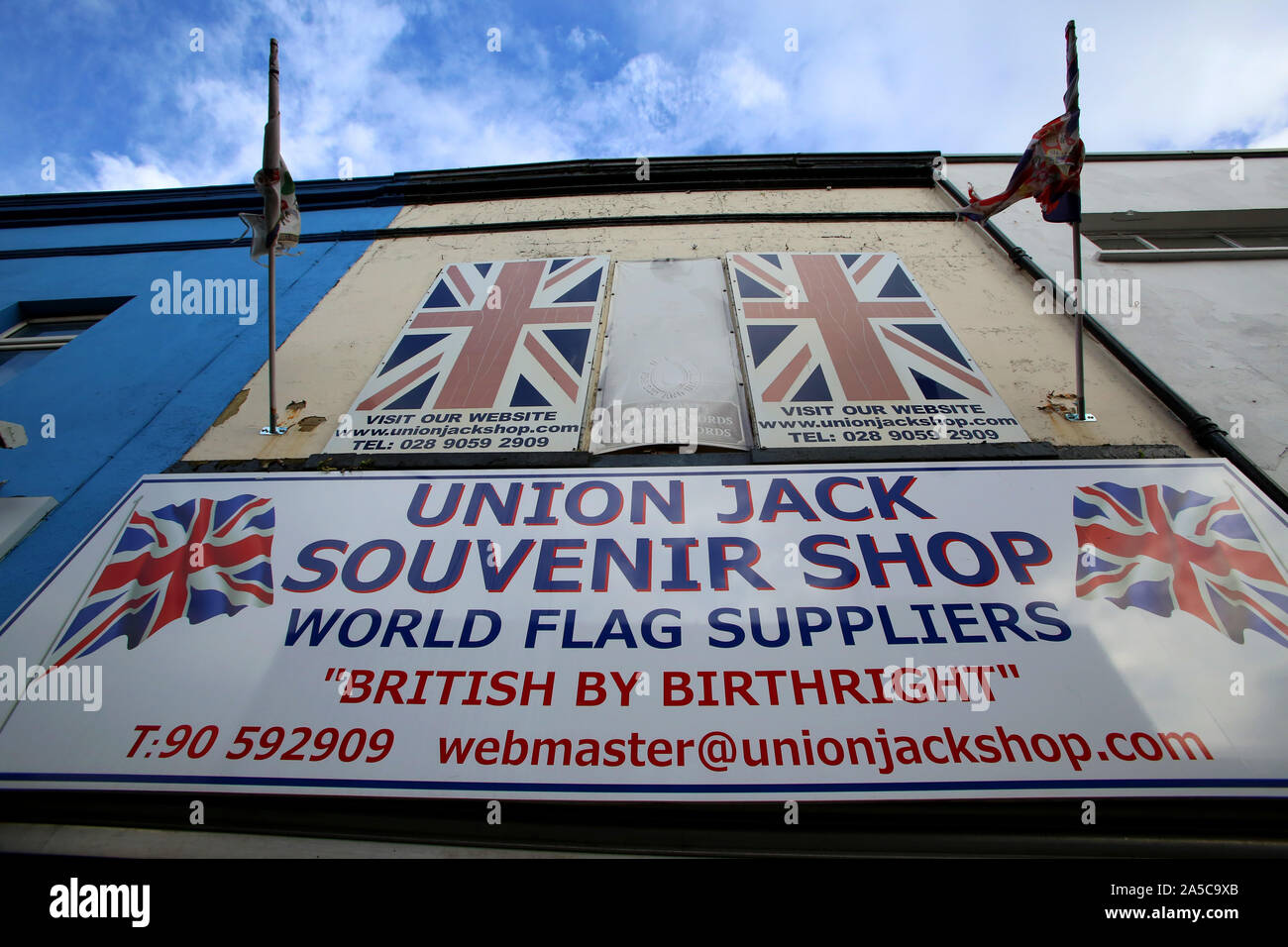 Belfast, UK. 19th Oct, 2019. A Union Jack Souvenir Shop is seen in east Belfast, Northern Ireland, the United Kingdom, on Oct. 19, 2019. British lawmakers on Saturday voted for a key amendment to force British Prime Minister Boris Johnson to seek another Brexit extension from the European Union (EU). Credit: Paul McErlane/Xinhua/Alamy Live News Stock Photo