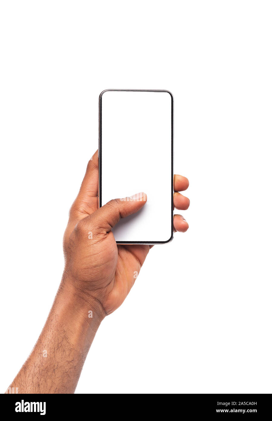 Black male hand showing blank screen of modern smartphone Stock Photo ...