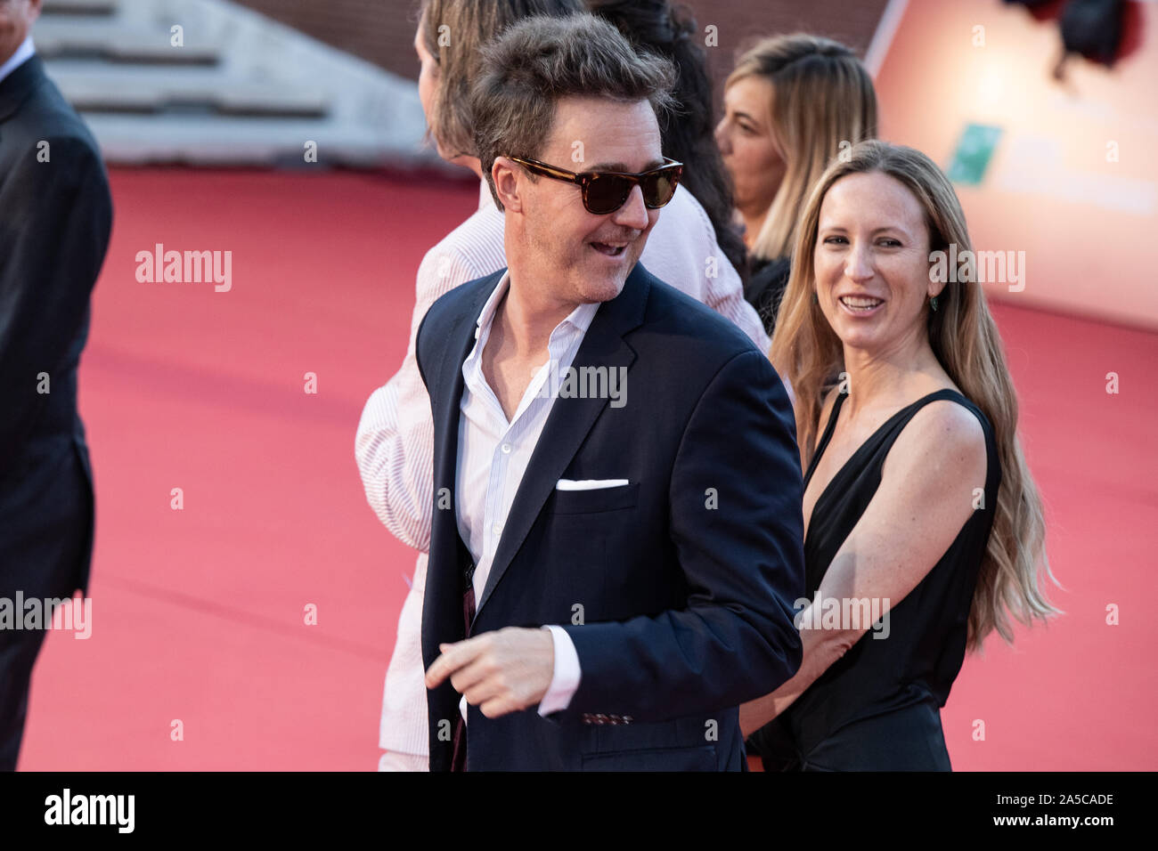 Edward Norton (R) and Shauna Robertson (L) on the red carpet during the 14th Rome Film Festival. Stock Photo