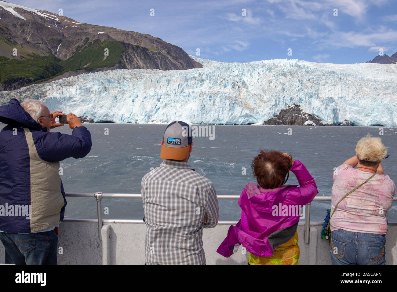 Part of Kenai Fjords National Park, Aialik Glacier is a glacier in the Kenai Peninsula Borough of Alaska near Seward. Stock Photo