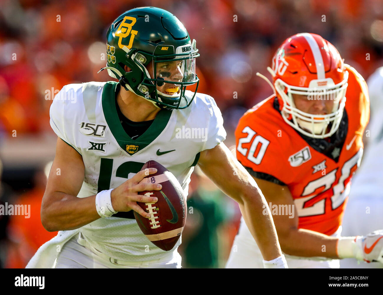 Stillwater, OK, USA. 19th Oct, 2019. Baylor University quarterback Charlie Brewer (12) during a football game between the Baylor University Bears and the Oklahoma State Cowboys at Boone Pickens Stadium in Stillwater, OK. Gray Siegel/CSM/Alamy Live News Stock Photo