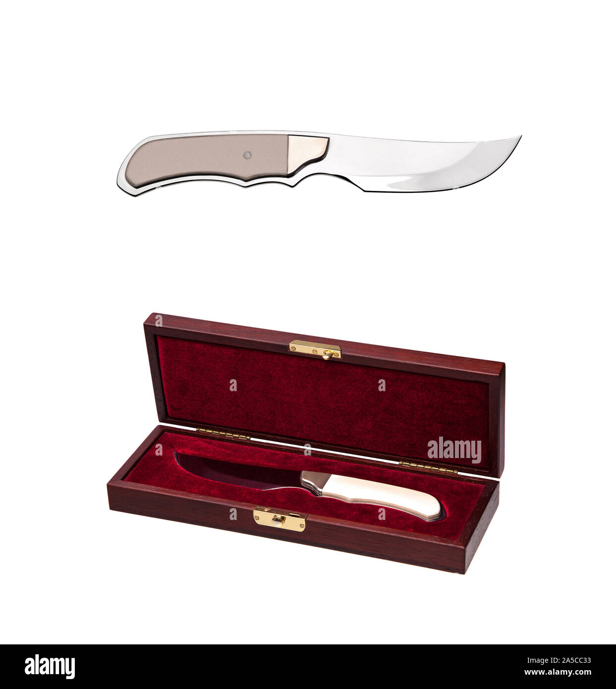 A hunting knife with an ivory handle in a gift wooden case isolate on a white background. Beautiful gift weapon on red velvet in a wooden casket. Stock Photo