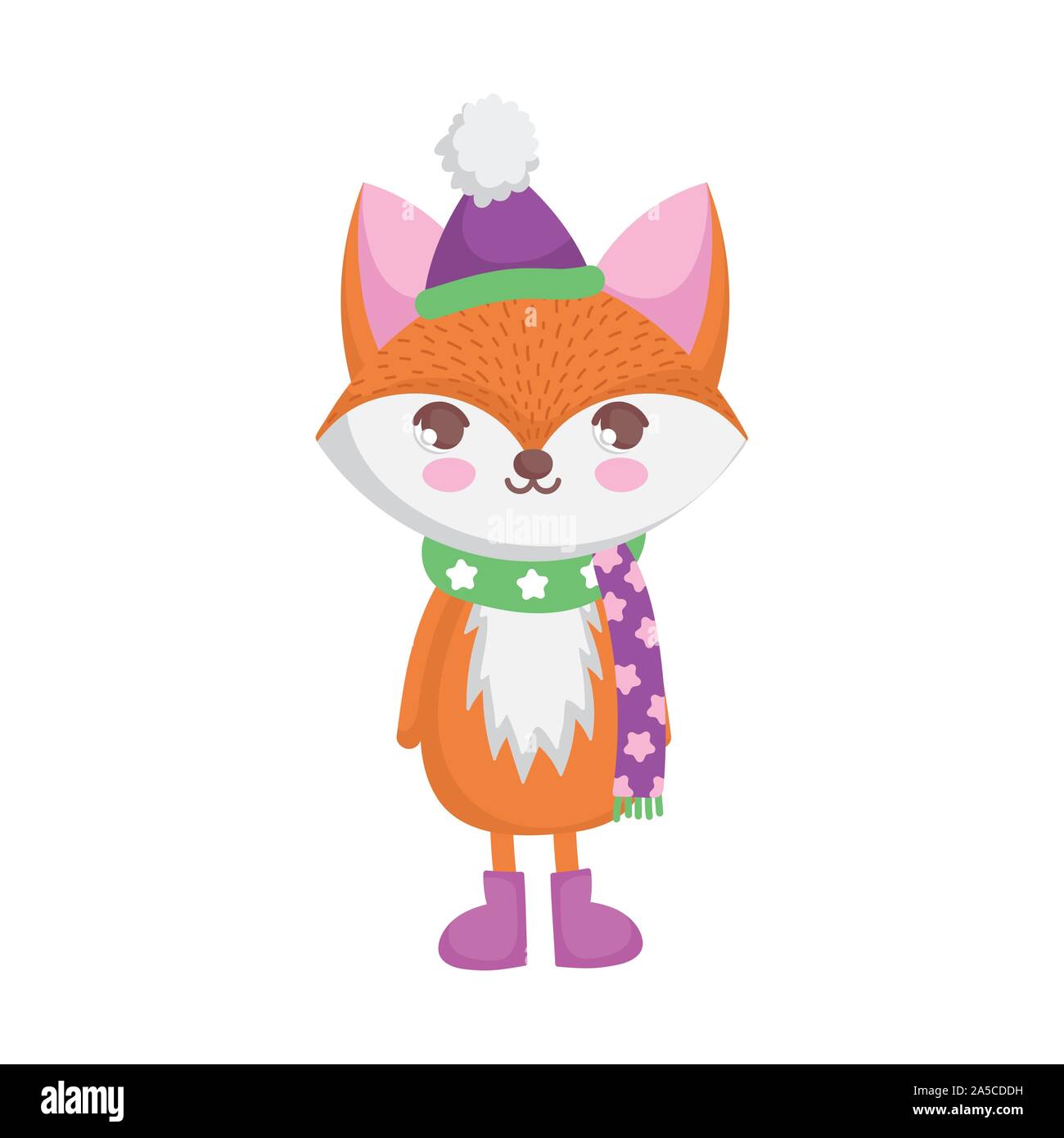 happy merry christmas fox with hat and scarf vector illustration Stock