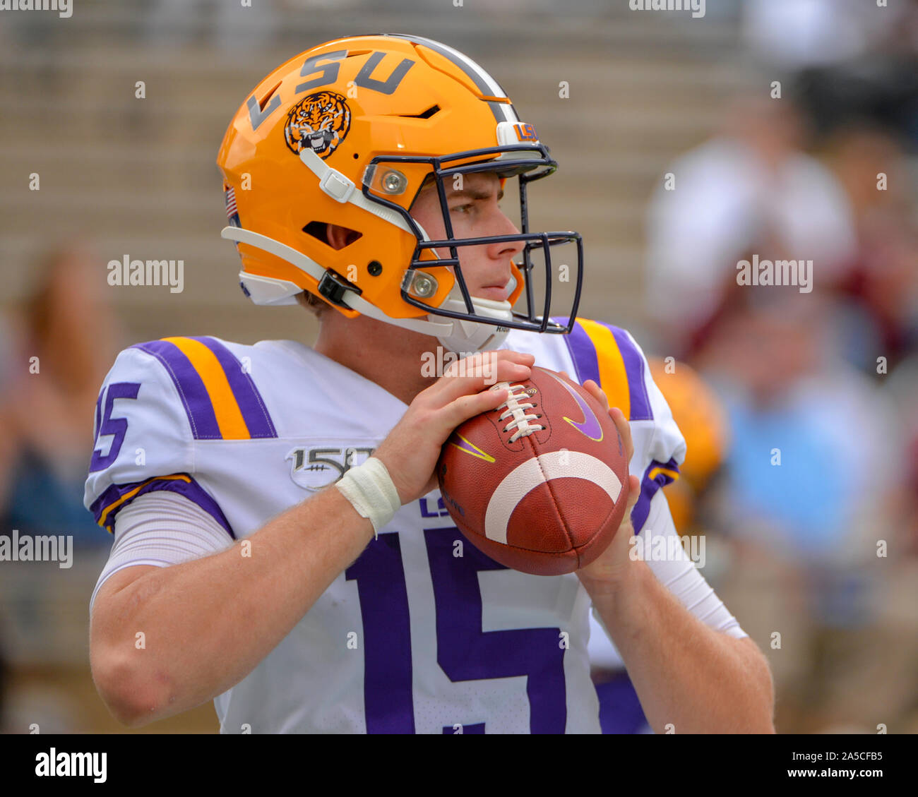 October 19, 2019: LSU wide receiver, Justin Jefferson (2), runs the ball  during the NCAA football game between the LSU Tigers and the Mississippi  State Bulldogs at Davis Wade Stadium in Starkville