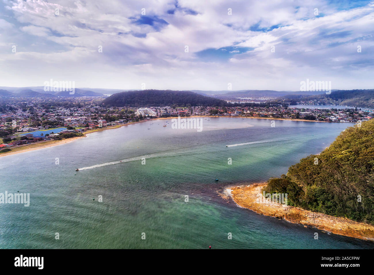 Woy Woy, Ettalong and GOsford towns of the Central coast in NSW state, Australia - aerial elevated view over broken bay between Box head and jugged co Stock Photo