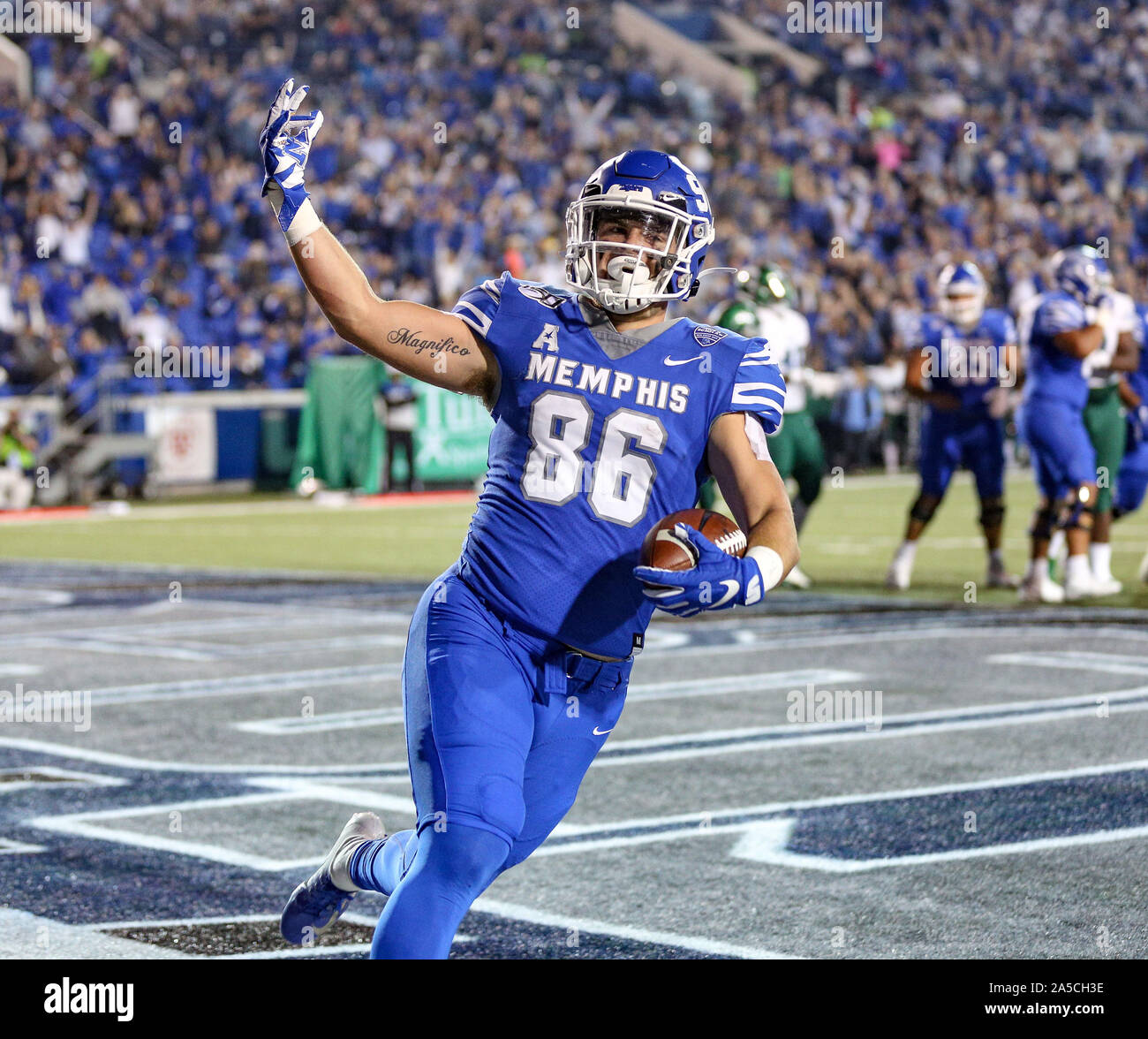Memphis, TN, USA. 19th Oct, 2019. Memphis' Joey Magnifico #86 celebrates after rushing for a touchdown during the NCAA football game between the Memphis Tigers and the Tulane Green Wave at Liberty Bowl Stadium in Memphis, TN. Kyle Okita/CSM/Alamy Live News Stock Photo