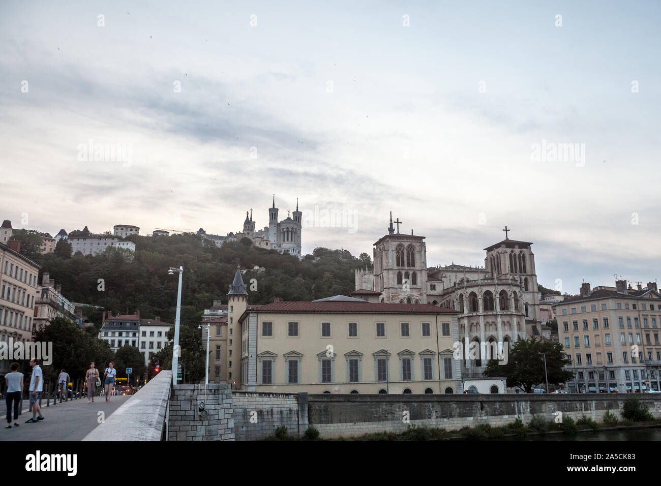 LYON, FRANCE - JULY 17, 2019: Basilique Notre Dame de Fourviere Basilica church and Cathedrale Saint Jean Baptiste in Lyon, France, surrounded by hist Stock Photo