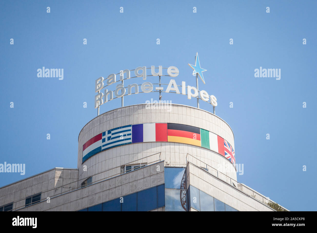 LYON, FRANCE - JULY 15, 2019: Banque Rhone Alpes Logo on their main office in Lyon. Banque Rhone Alpes is a French bank, a regional actor in retail ba Stock Photo