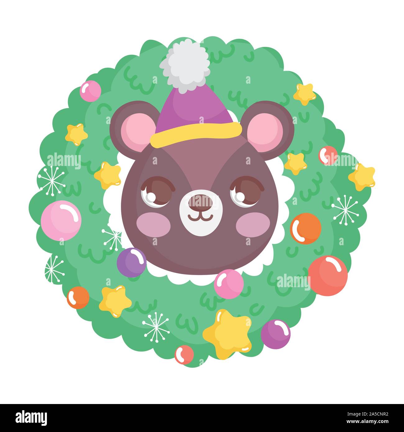 cute bear head with hat wreath balls happy christmas vector