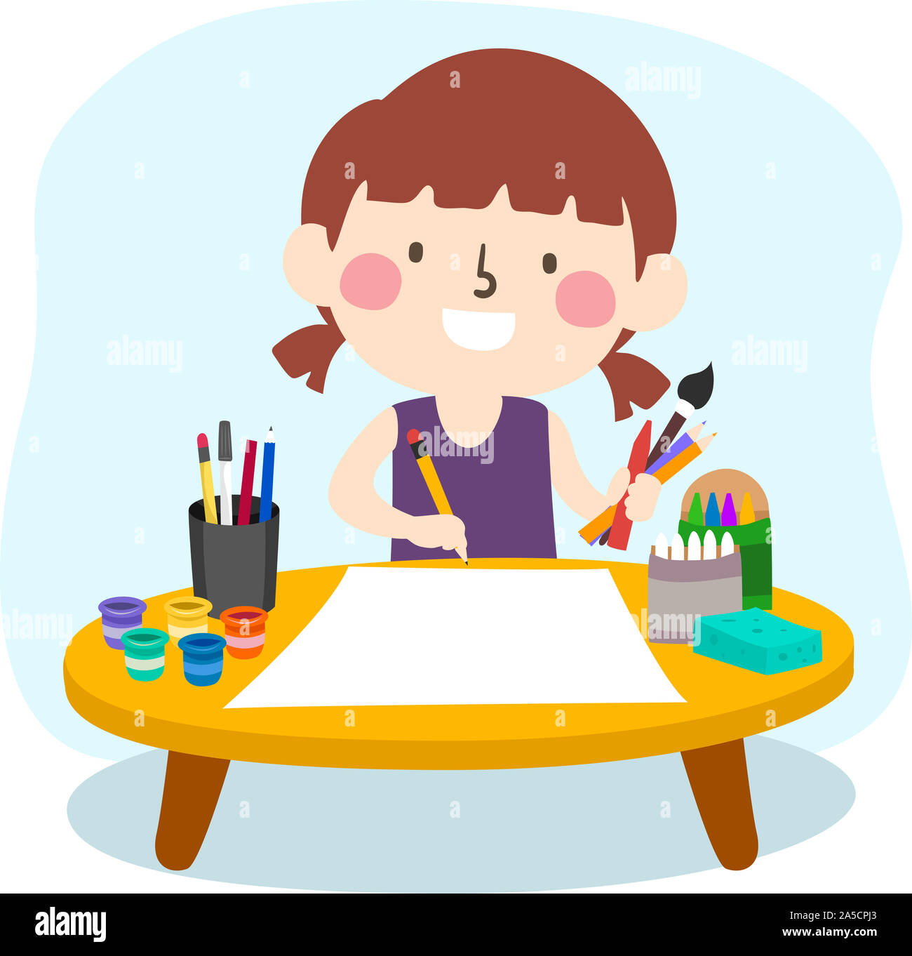 Illustration of a Kid Girl Trying Different Art Mediums from Pencil to Paint Stock Photo