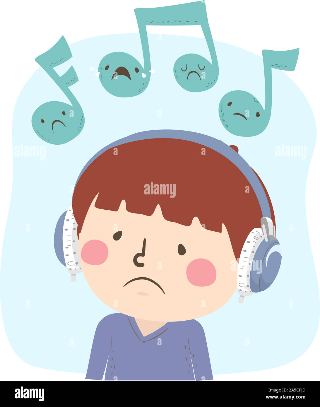 Illustration of a Kid Boy with Headphones Listening to a Sad Music with