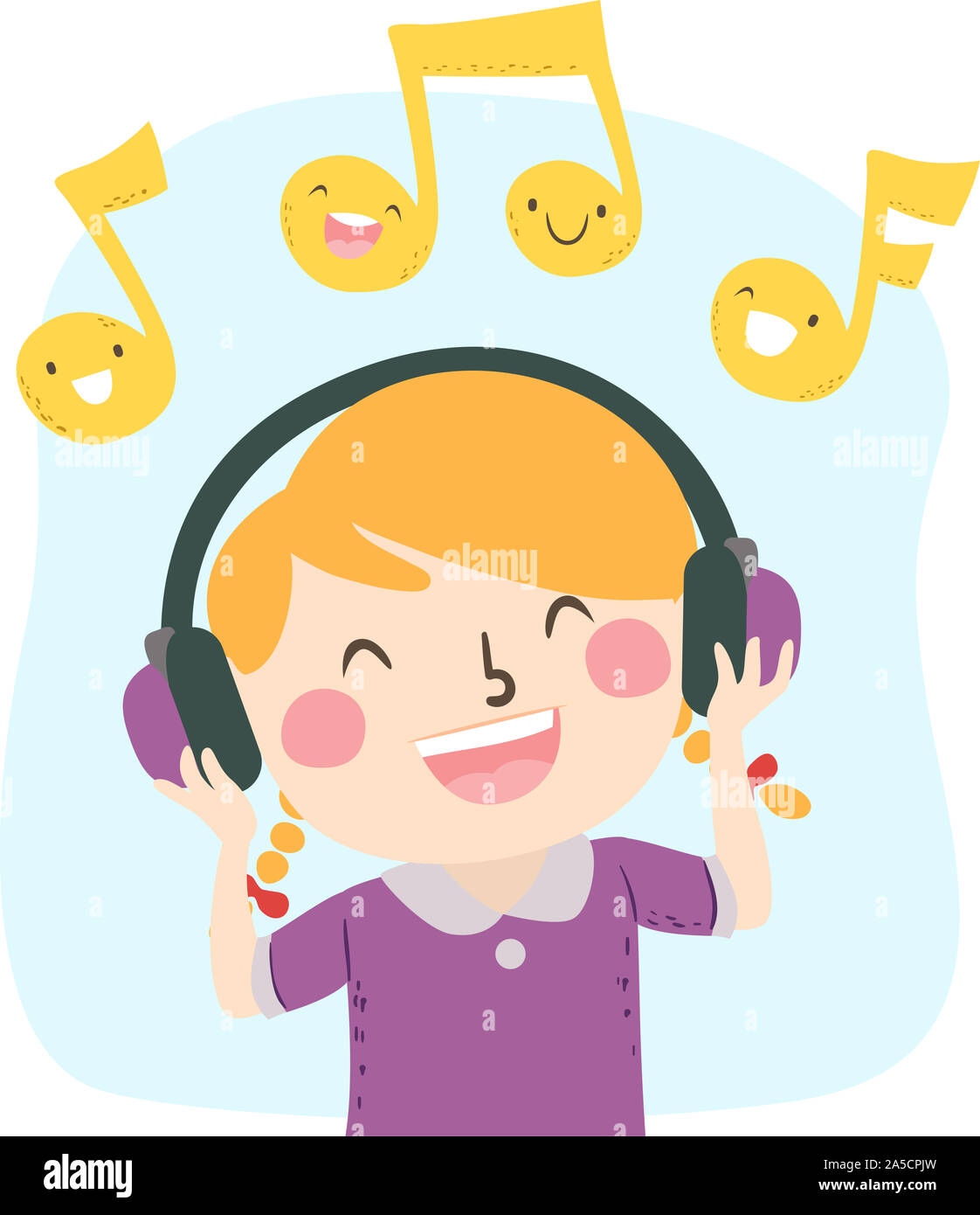 Illustration of a Smiling and Happy Kid Girl Listening to Music, Wearing  Headphones with Happy Music Notes Stock Photo - Alamy