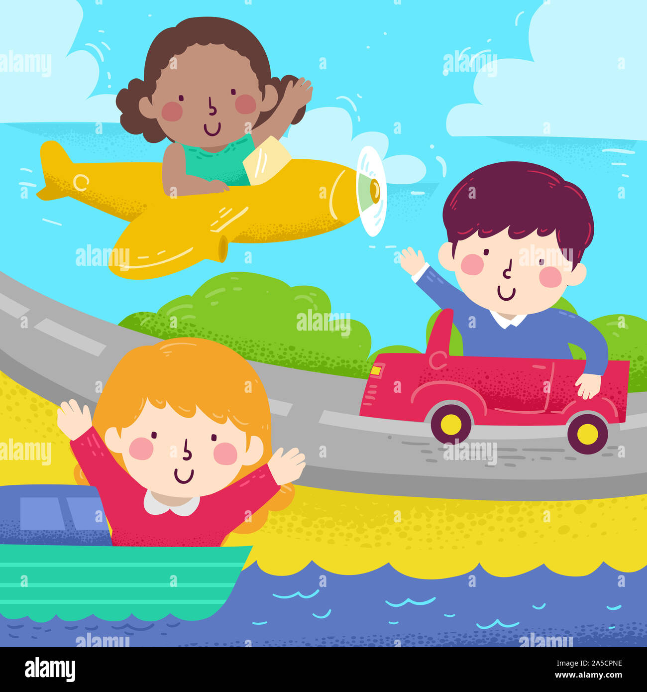 Illustration of Kids Waving from Different Kinds of Transportation from