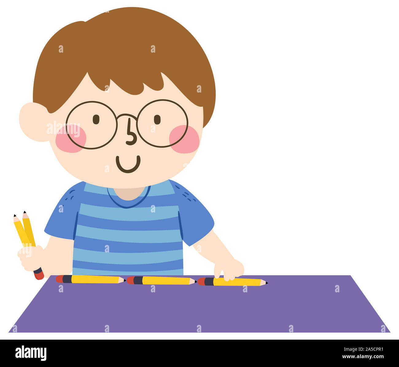 Illustration of a kid boy using pencils to measure a table arbitrary