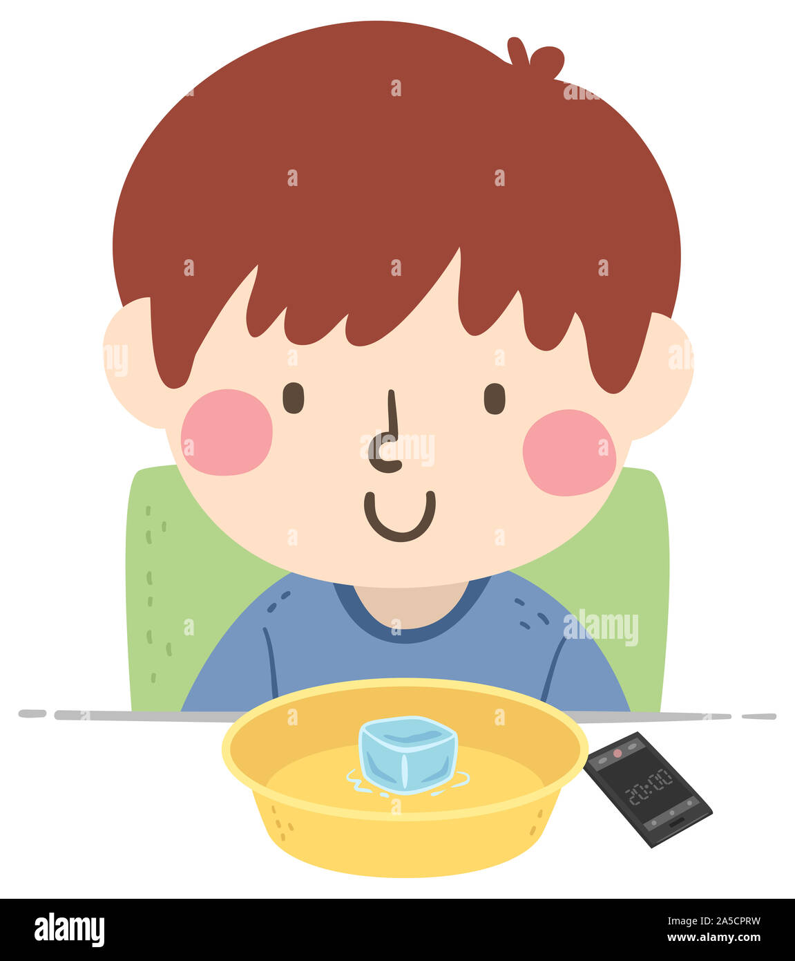 Illustration of a Kid Boy Observing and Measuring the Time an Ice Melt in a Bowl Stock Photo