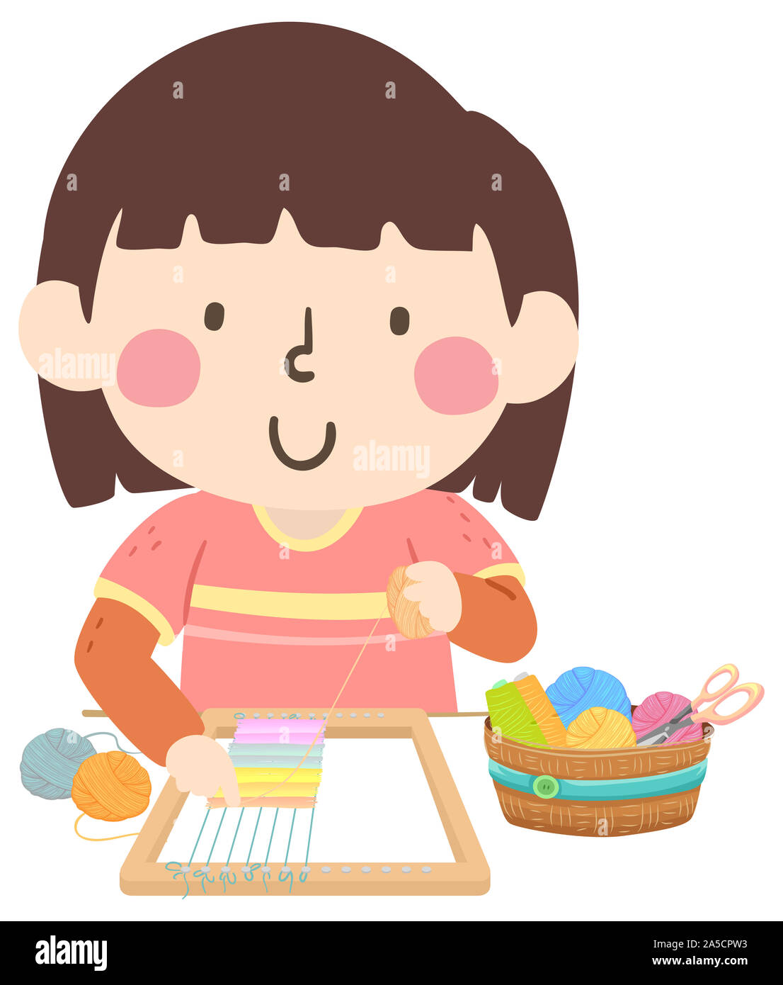 Illustration of a Kid Girl Weaving Using Yarn and Loom Stock Photo Alamy