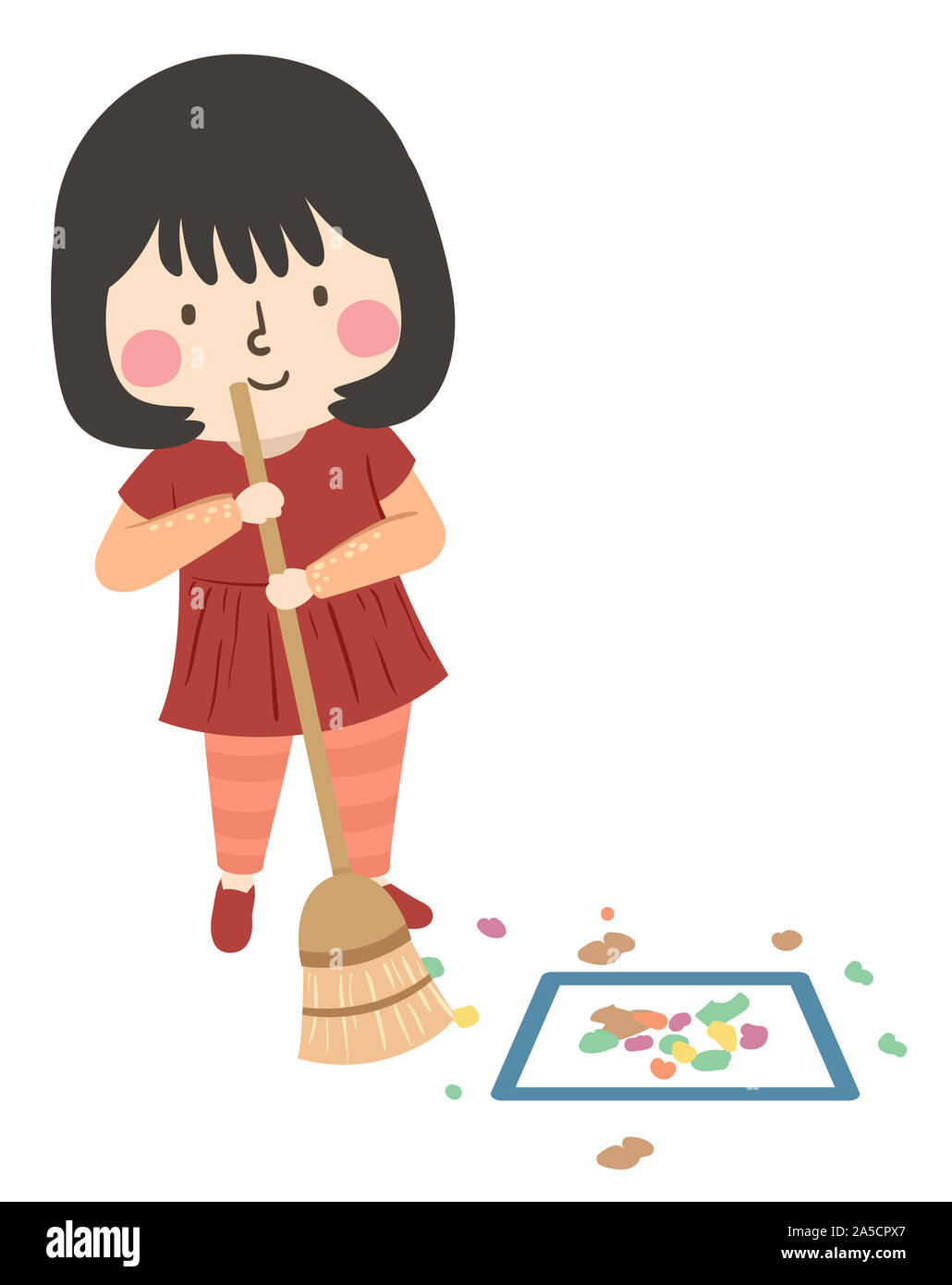 Illustration Of A Kid Girl Sweeping The Floor And Moving The Scrap