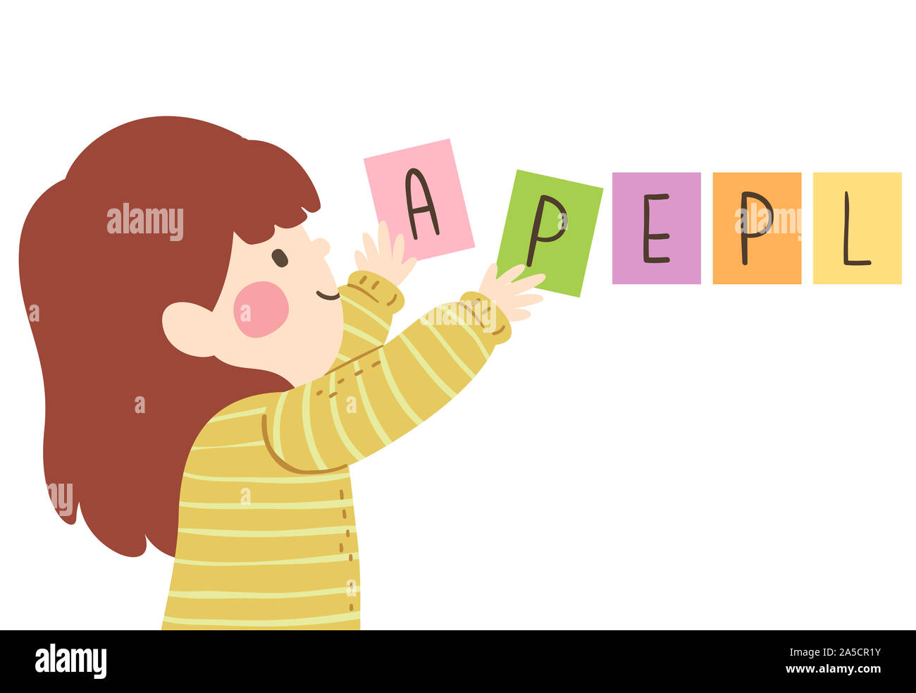 Illustration of a Kid Girl Arranging Jumbled Words to Something that Make Sense. Apple Letters Stock Photo