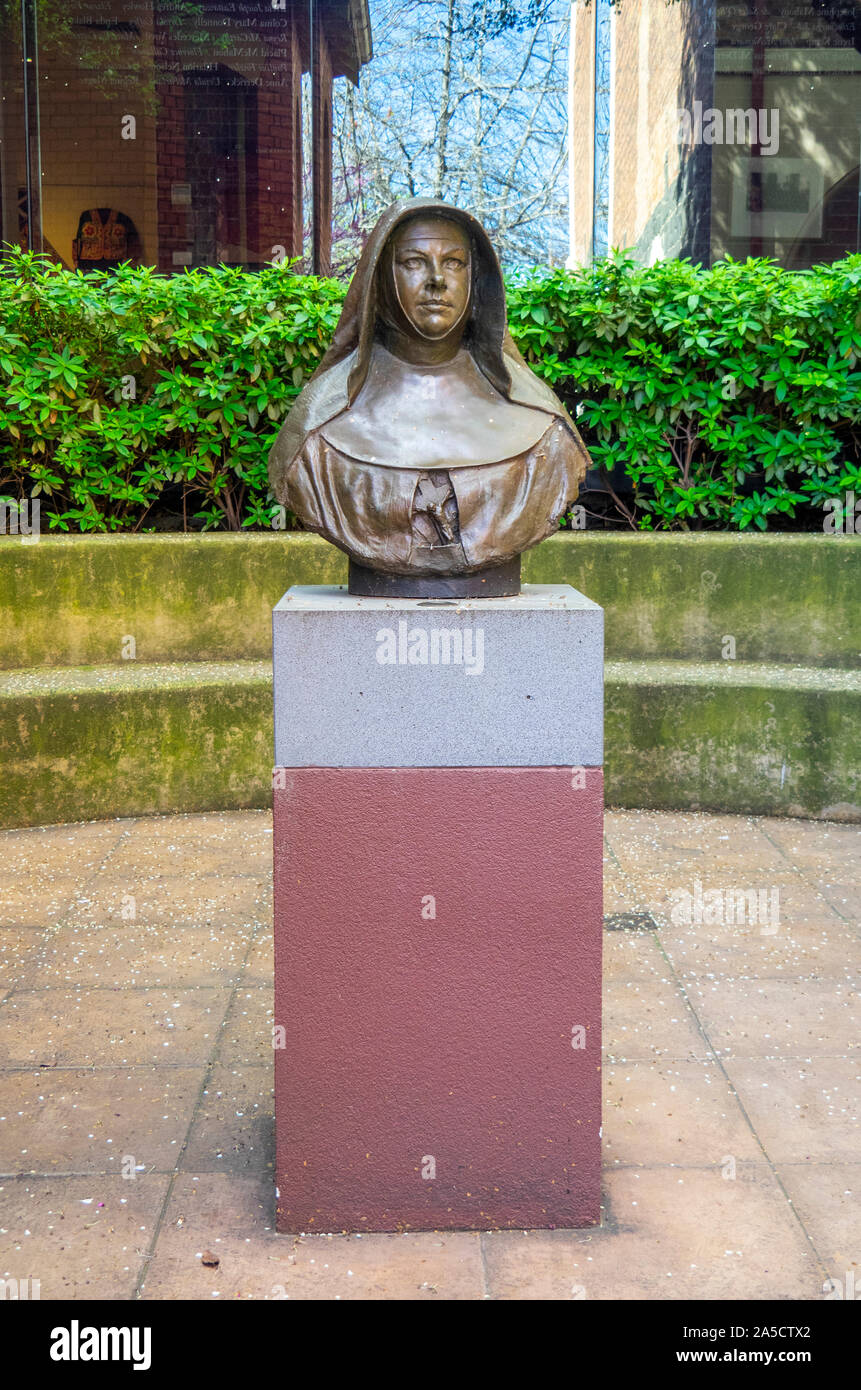 Bronze bust of St Mary MacKillop in the garden of Mary MacKillop Heritage Centre East Melbourne Victoria Australia. Stock Photo