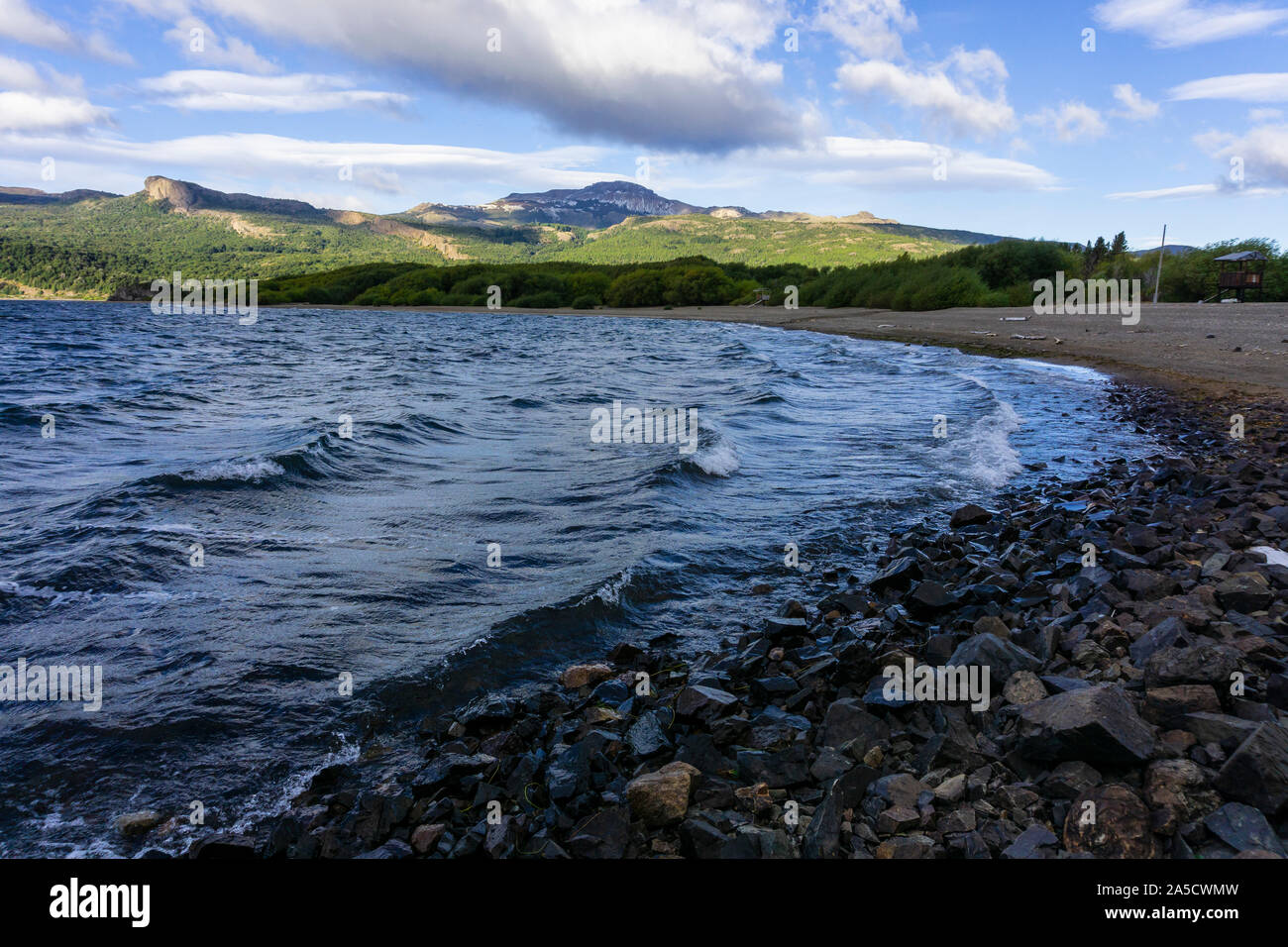 Futalaufquen lake shore on a windy day, Los Alerces National Park, Patagonia, Argentina Stock Photo