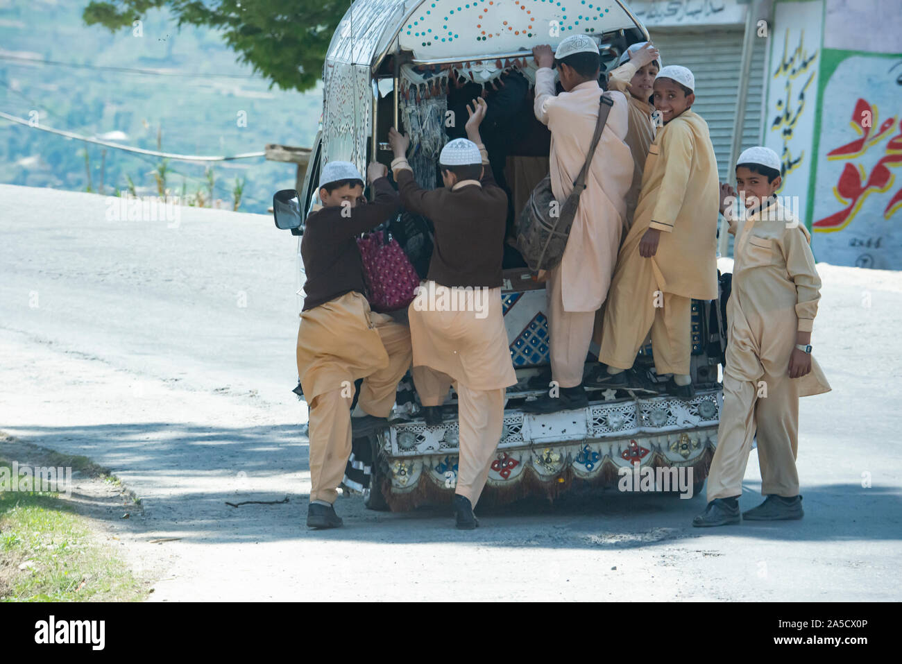 Scenes near school when approaching the cities along the new silk road Islamabad-Hunza, Gilgit-Baltistan, Pakistan, Stock Photo