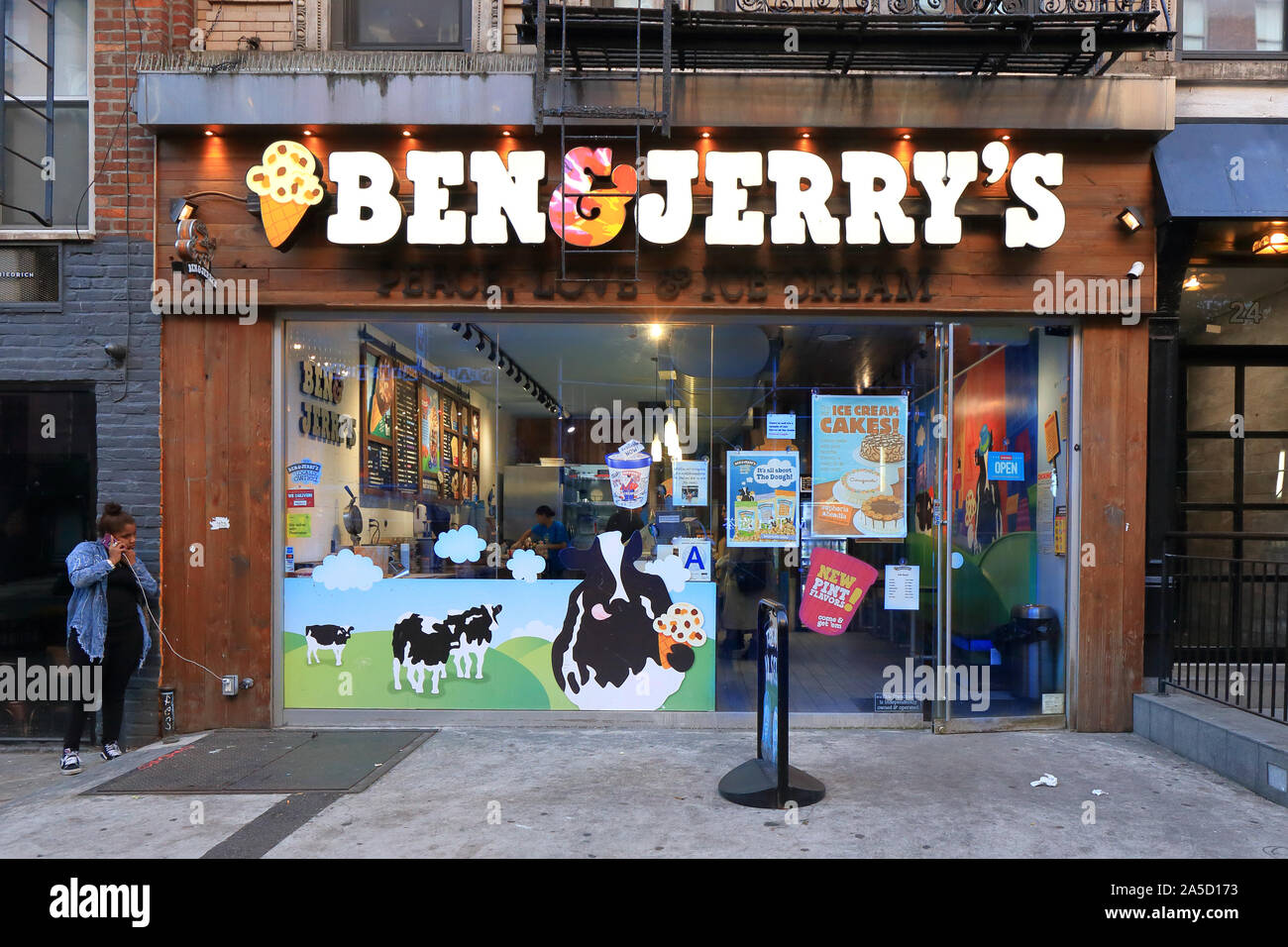 [historical storefront] Ben & Jerry’s, 24 St Marks Place, New York, NY.  exterior storefront of an ice cream shop in the East Village. Stock Photo