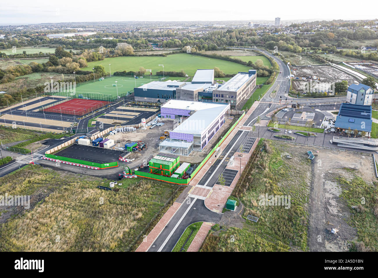 SWINDON UK - OCTOBER 20, 2019: Aerial view of the new Deanery School constrution in Wichelstowe in Swindon. Stock Photo