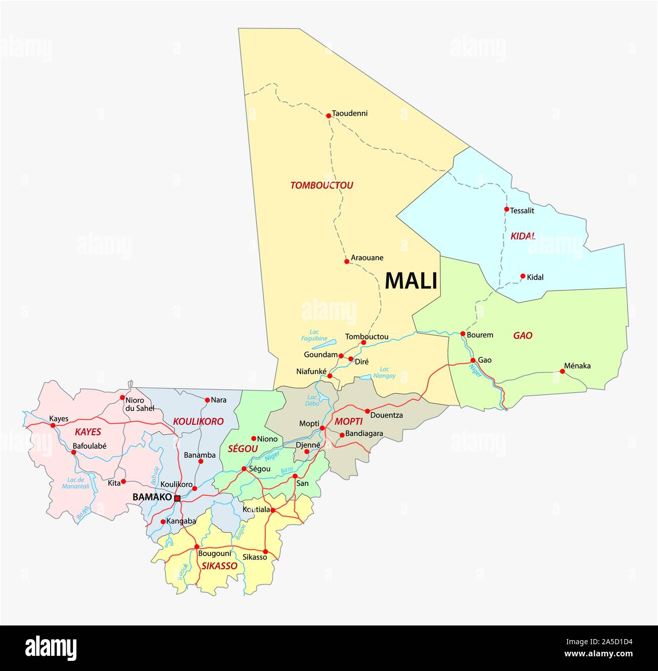 road and administrative map of the Republic of Mali Stock Vector