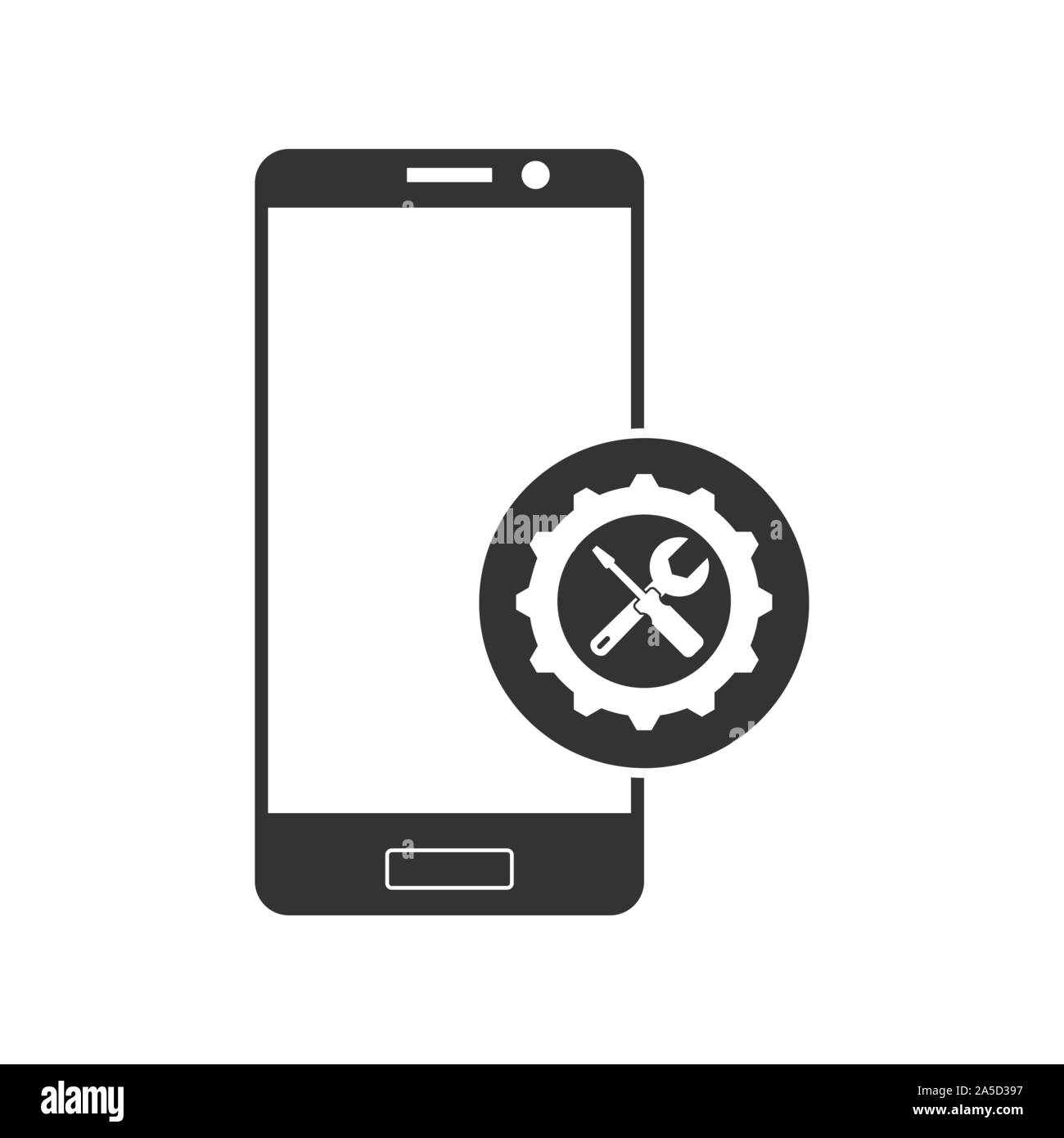 Repair or adjust the parameters of the smartphone. Simple icon. Silhouette of a smartphone with a gear, a wrench and a screwdriver. Stock Vector