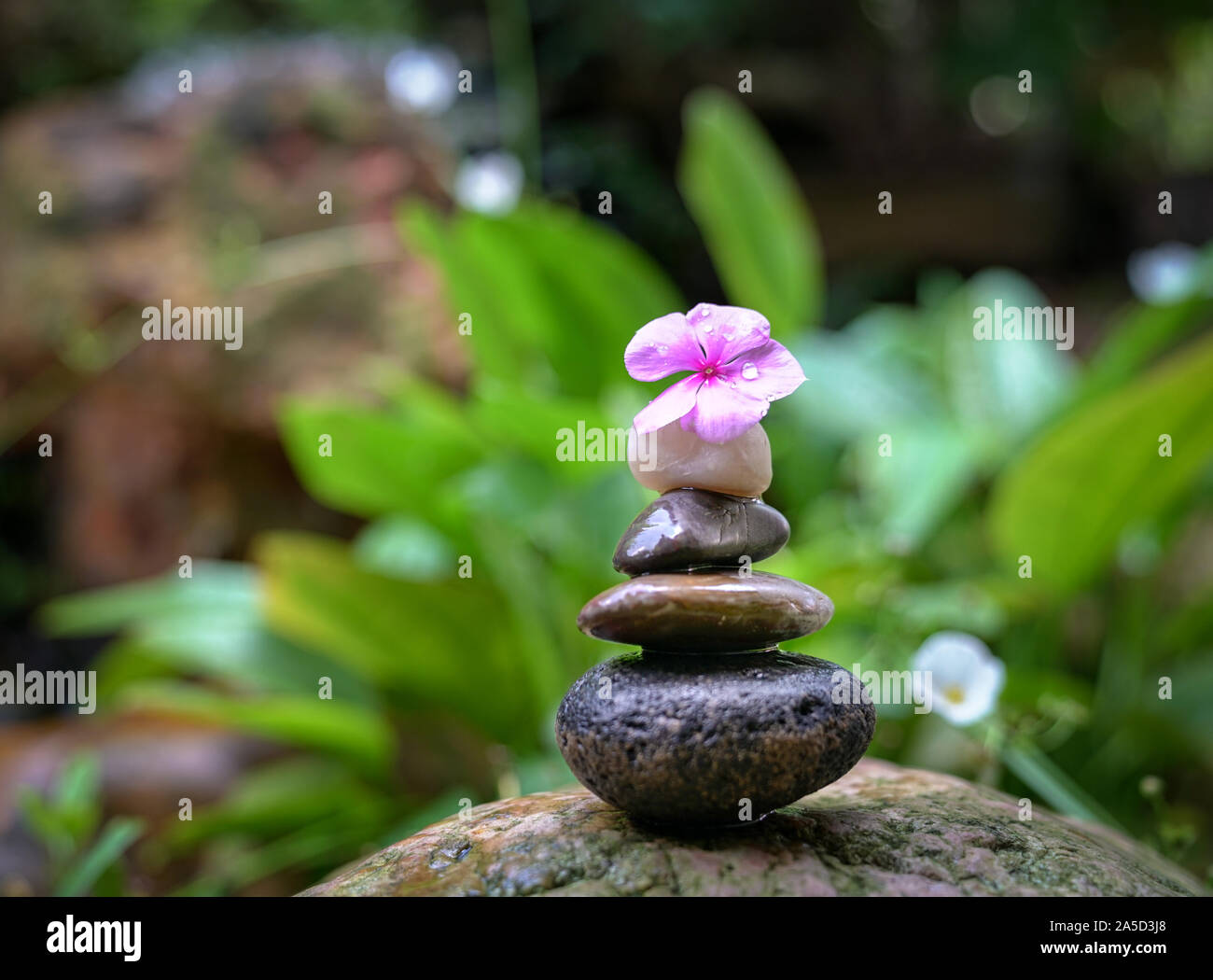 Pebble tower with green nature and water background. Zen, spa or wellness concept. Stock Photo