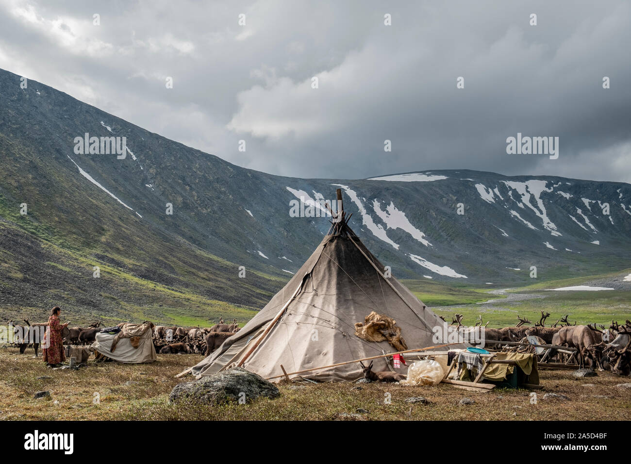 A Nenet woman at a camp site in Siberia, Russia Stock Photo