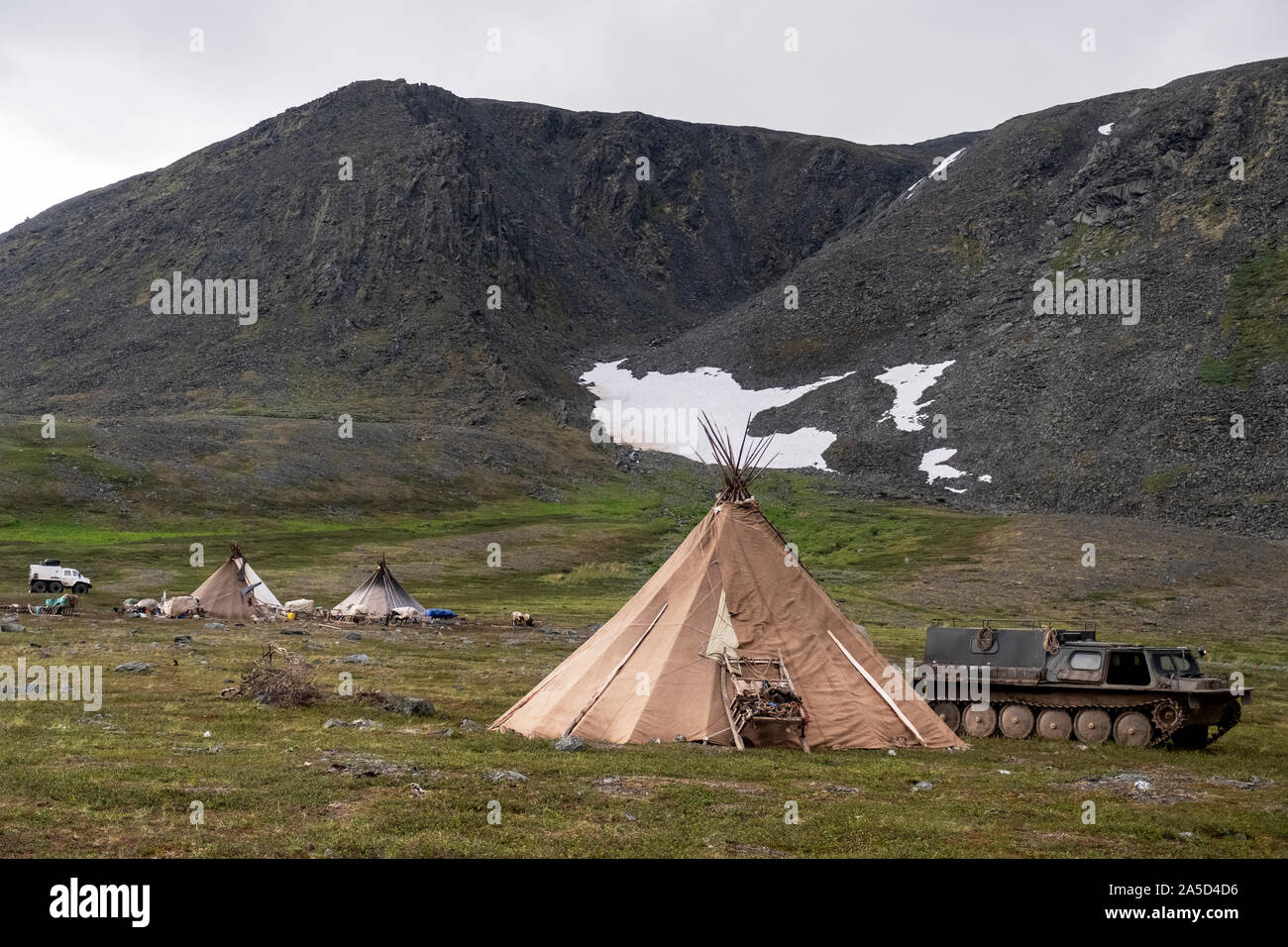 A Gazushka is parked in a Nenets camp on the tundra, Siberia, Russia Stock Photo