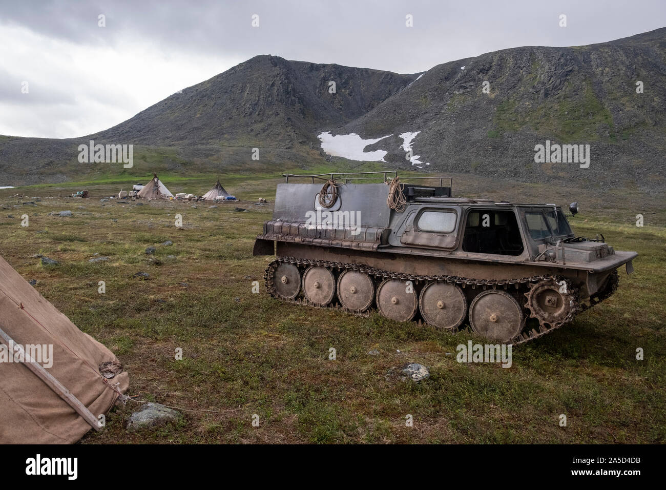 A Gazushka is parked in a Nenets camp on the tundra, Siberia, Russia Stock Photo
