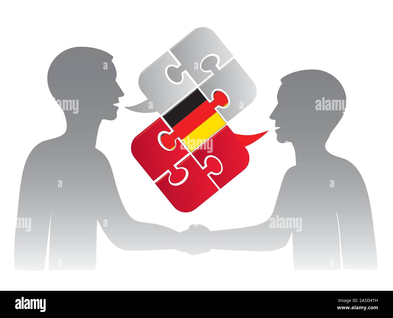 Two businessmen speaking German. Illustration of two businessmen shaking hands on business meeting and puzzle speech bubble with german flag. Stock Vector