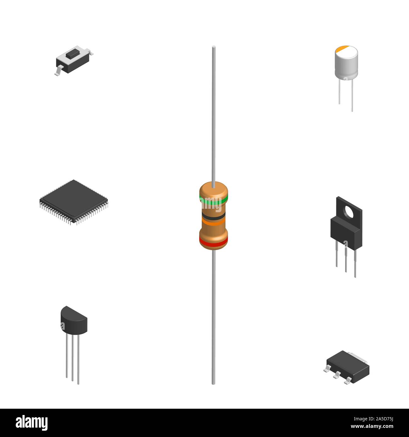 Set of different active and passive electronic components isolated on white background. Resistor, capacitor, diode, microcircuit, fuse and button. 3D Stock Vector