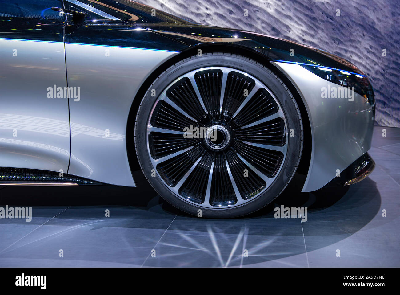 luxury electric concept car.  Chrome rubber car tires Stock Photo