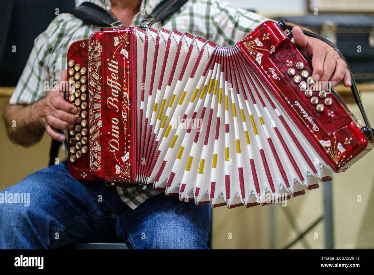 Close up of a man playing a button accordion Stock Photo