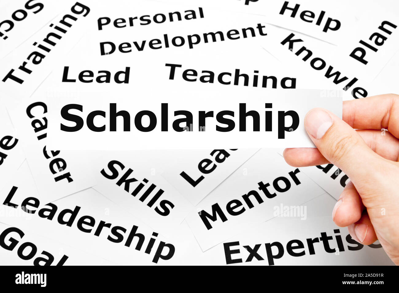 Hand holding a piece of paper with the word Scholarship printed on it above other related words in the background. Stock Photo